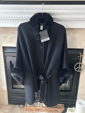 Marc New York Black Faux Fur-Trim Wrap Cape